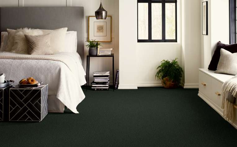 dark colored plush carpet in modern bedroom with cozy window seat