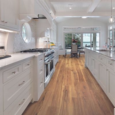 wood look laminate flooring in a bright kitchen